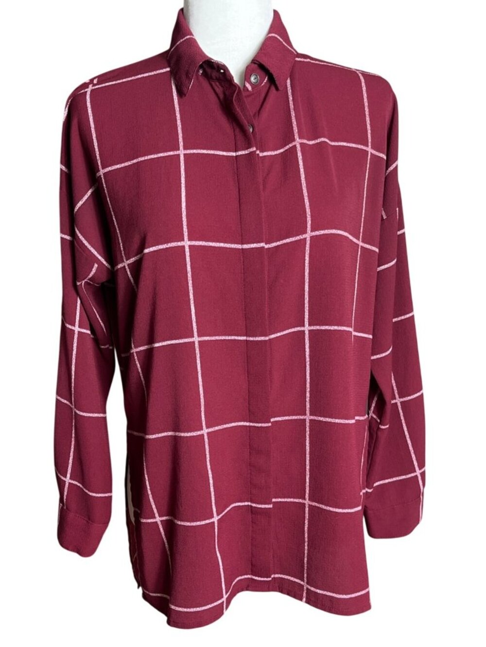 Burgundy Windowpane Plaid Blouse Preppy Minimalist Smart Casual Layering Wom S